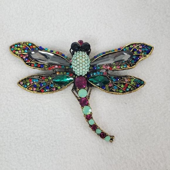 Rhinestone Dragonfly Gold-tone Large 4" Colorful Rhinestone Brooch Pin Pendant - Picture 1 of 8
